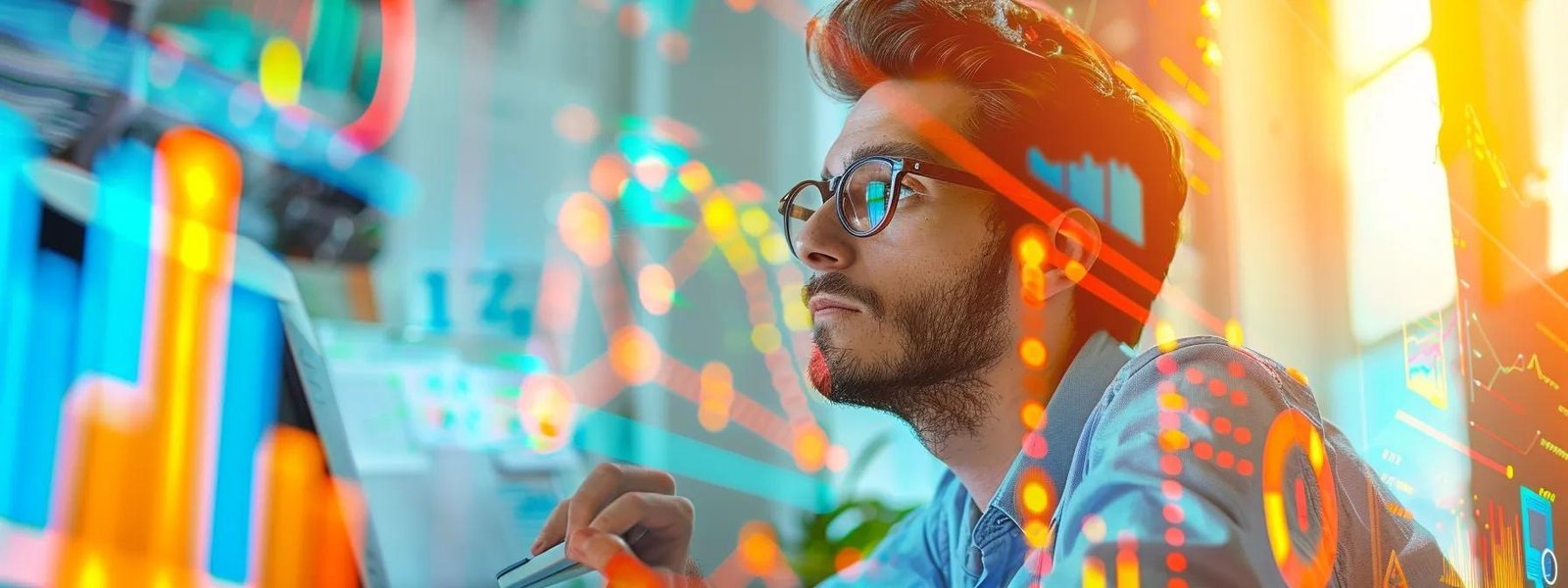 a creative young man surrounded by colorful graphs and charts, passionately crafting captivating and valuable content for his small business audience.