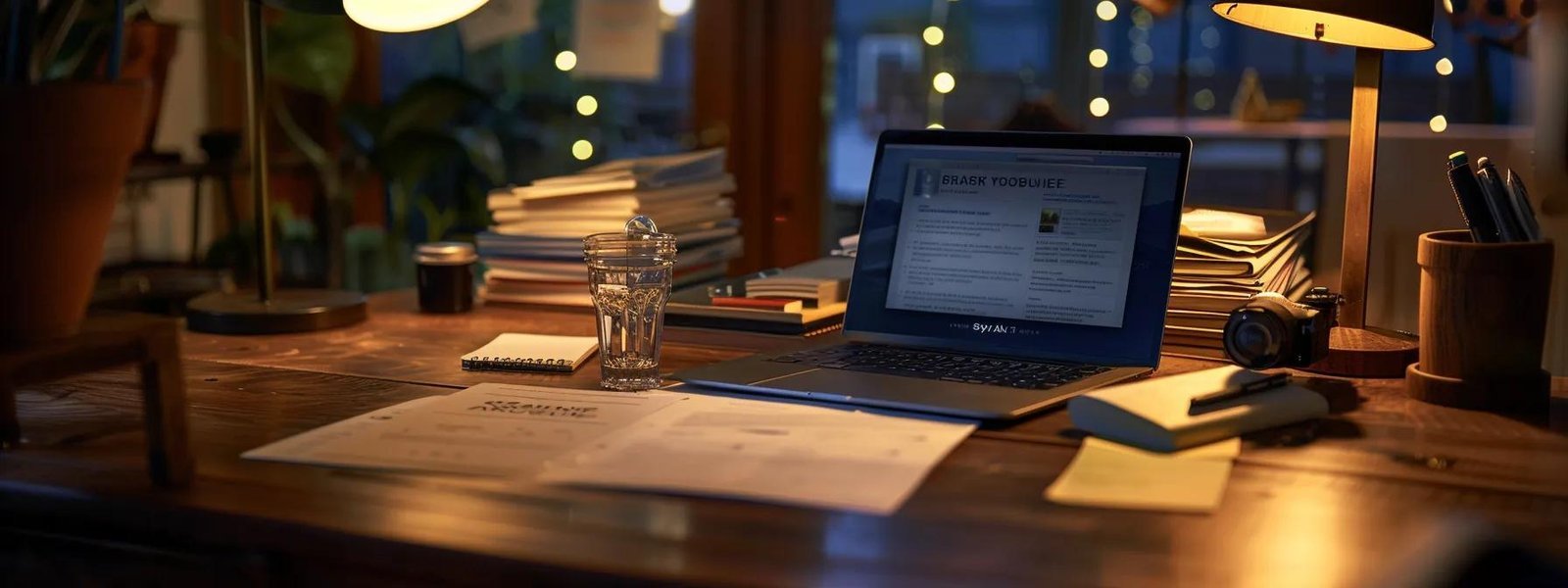 a desk with a laptop displaying a captivating job description, surrounded by a stack of resumes and a vibrant company logo.