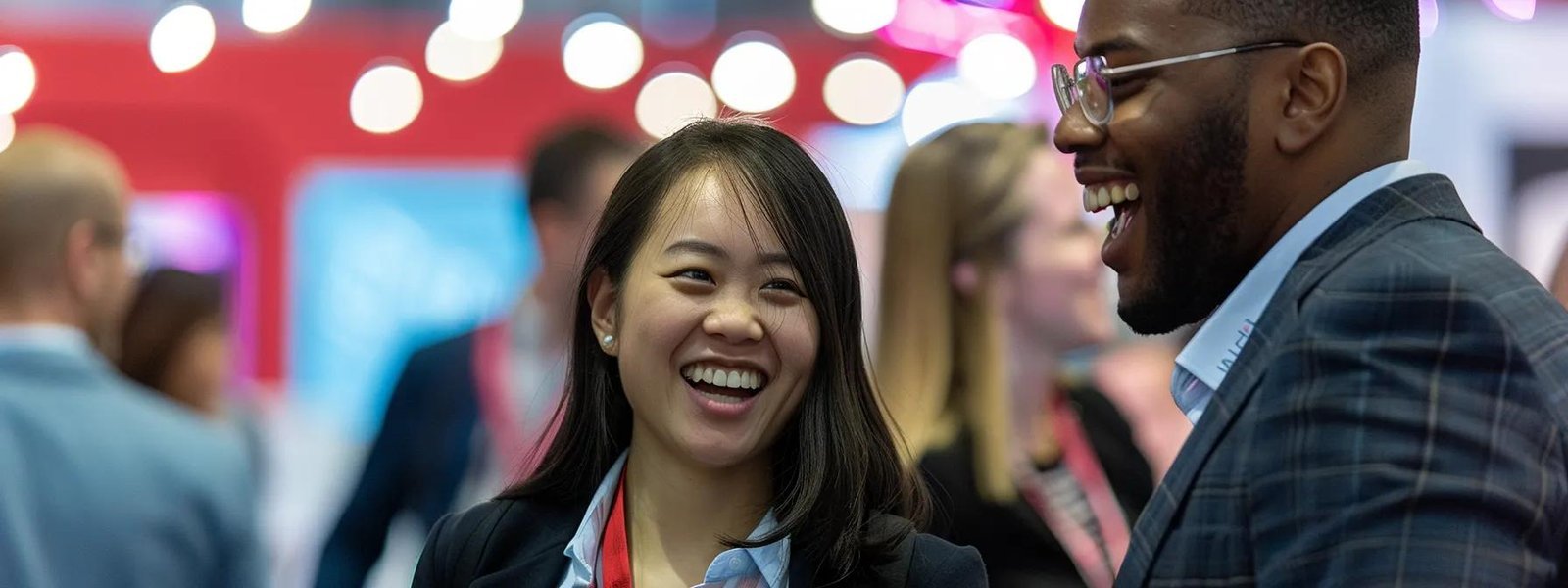 a diverse group of people gathered at a vibrant industry event, engaging with potential hires and networking to build a strong team.