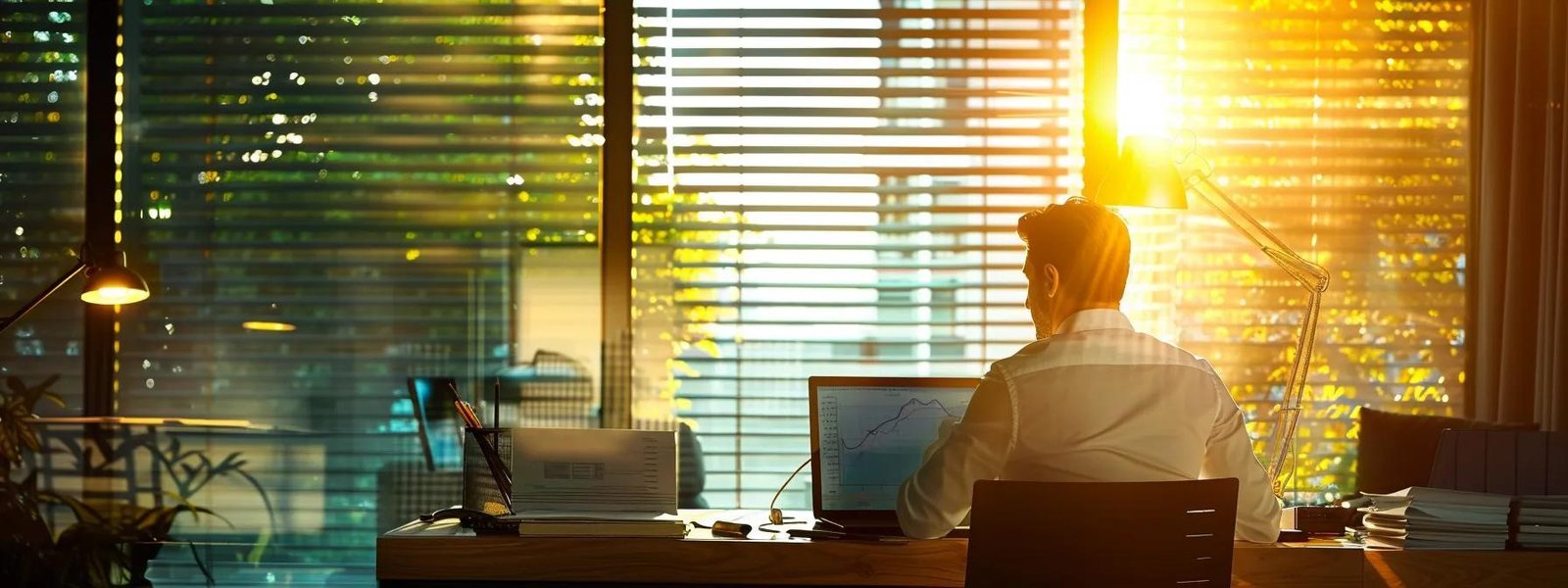 a focused young entrepreneur analyzing data on a laptop, surrounded by charts and graphs, making strategic adjustments to his content strategy to stay competitive in the market.