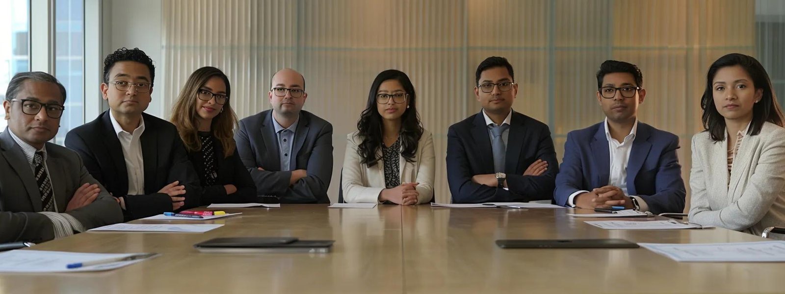 a group of diverse job applicants sitting in front of a panel of hiring managers, each candidate's resume and references spread out on the table in front of them.