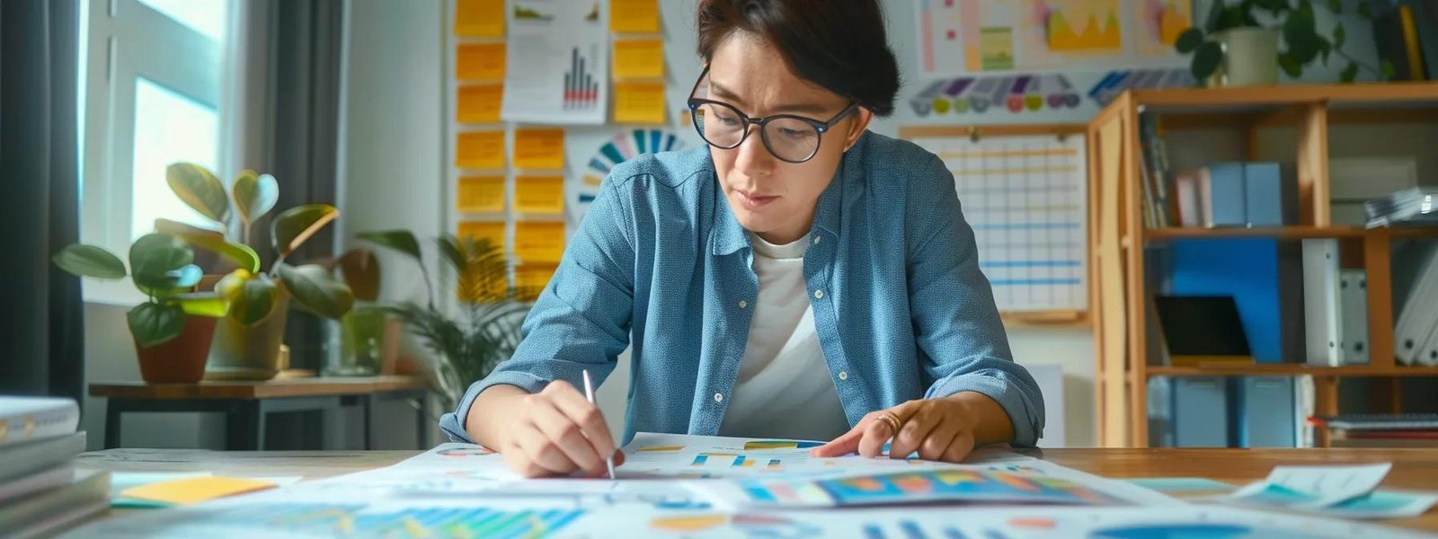 a small business owner carefully analyzing a detailed organizational chart, surrounded by charts and graphs, highlighting the specific needs and roles within the company.