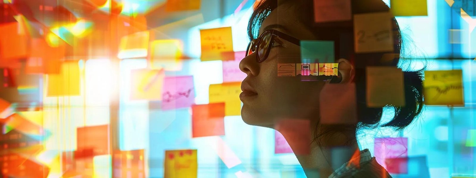 a young entrepreneur carefully analyzing data charts and customer profiles, surrounded by colorful sticky notes with target audience characteristics.