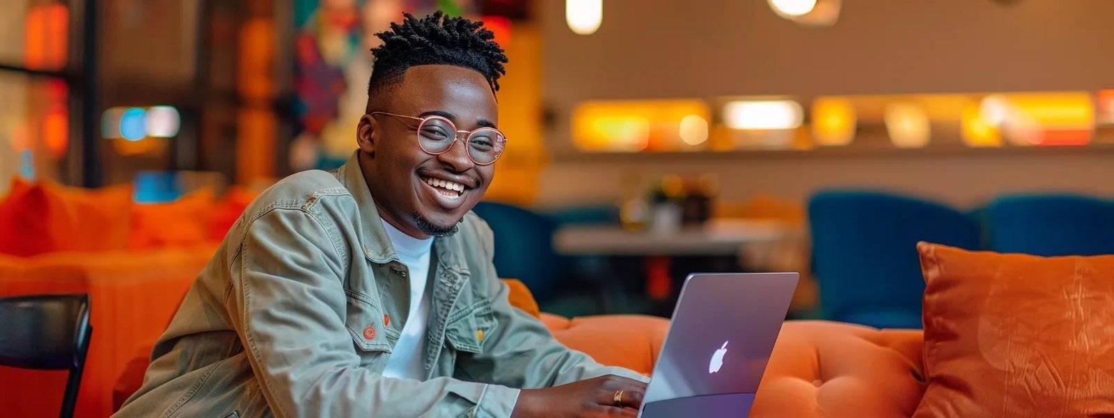 a young entrepreneur smiling confidently while typing engaging social media posts on a sleek laptop in a vibrant, modern office setting.