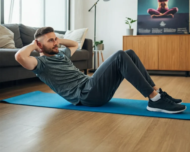 A young man working out in his living room building his health habit