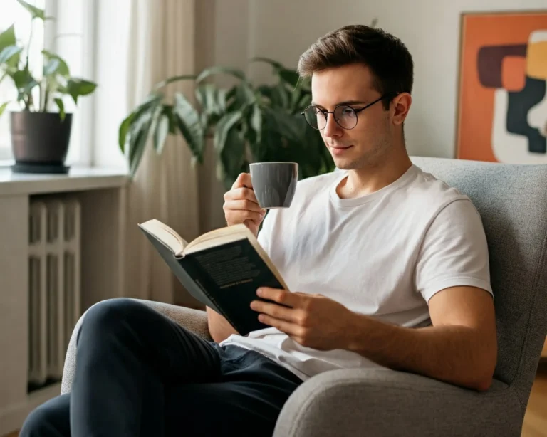 A high performing young man reading during his daily routine