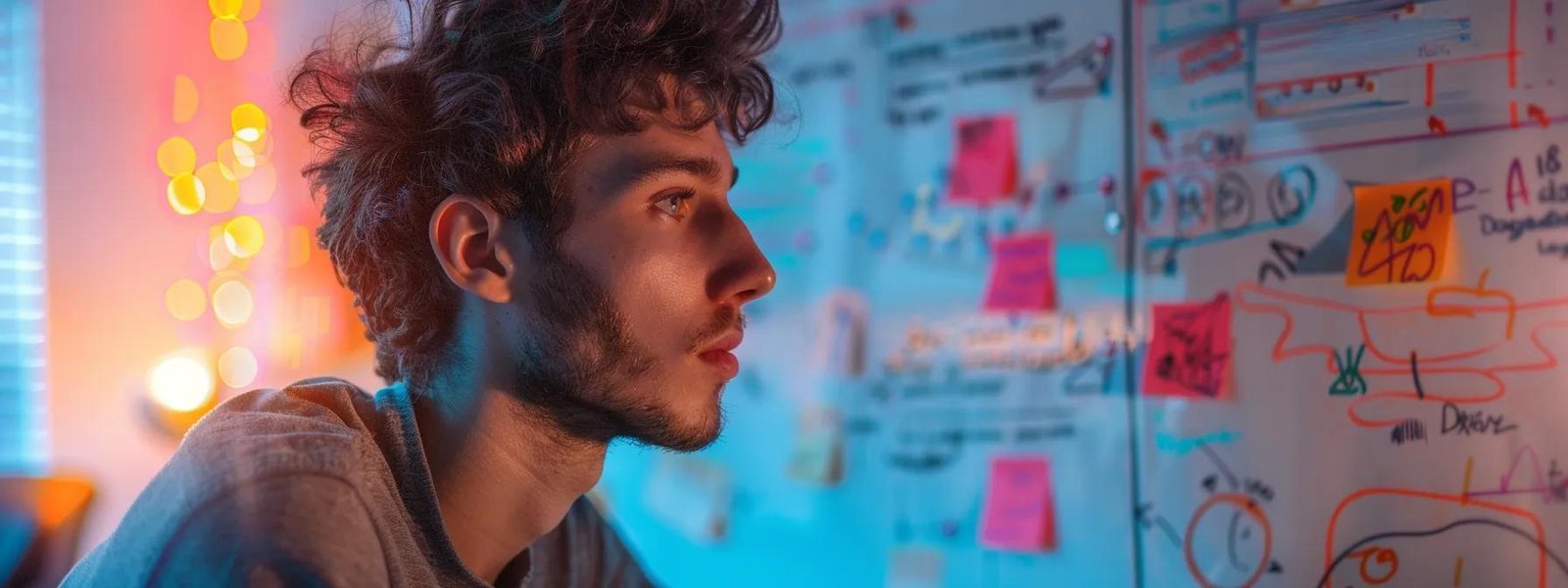 a focused young man diligently planning out a diverse content strategy, with various formats and a consistent schedule laid out on a whiteboard.